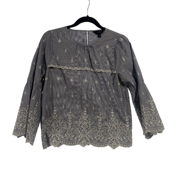 J. Crew Floral Embroidered Bell Sleeve Striped Blouse in Blue Poplin Cotton S - Picture 1 of 10